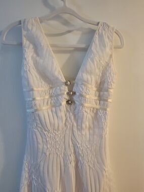 White V-Neck Textured Dress with Decorative Buttons